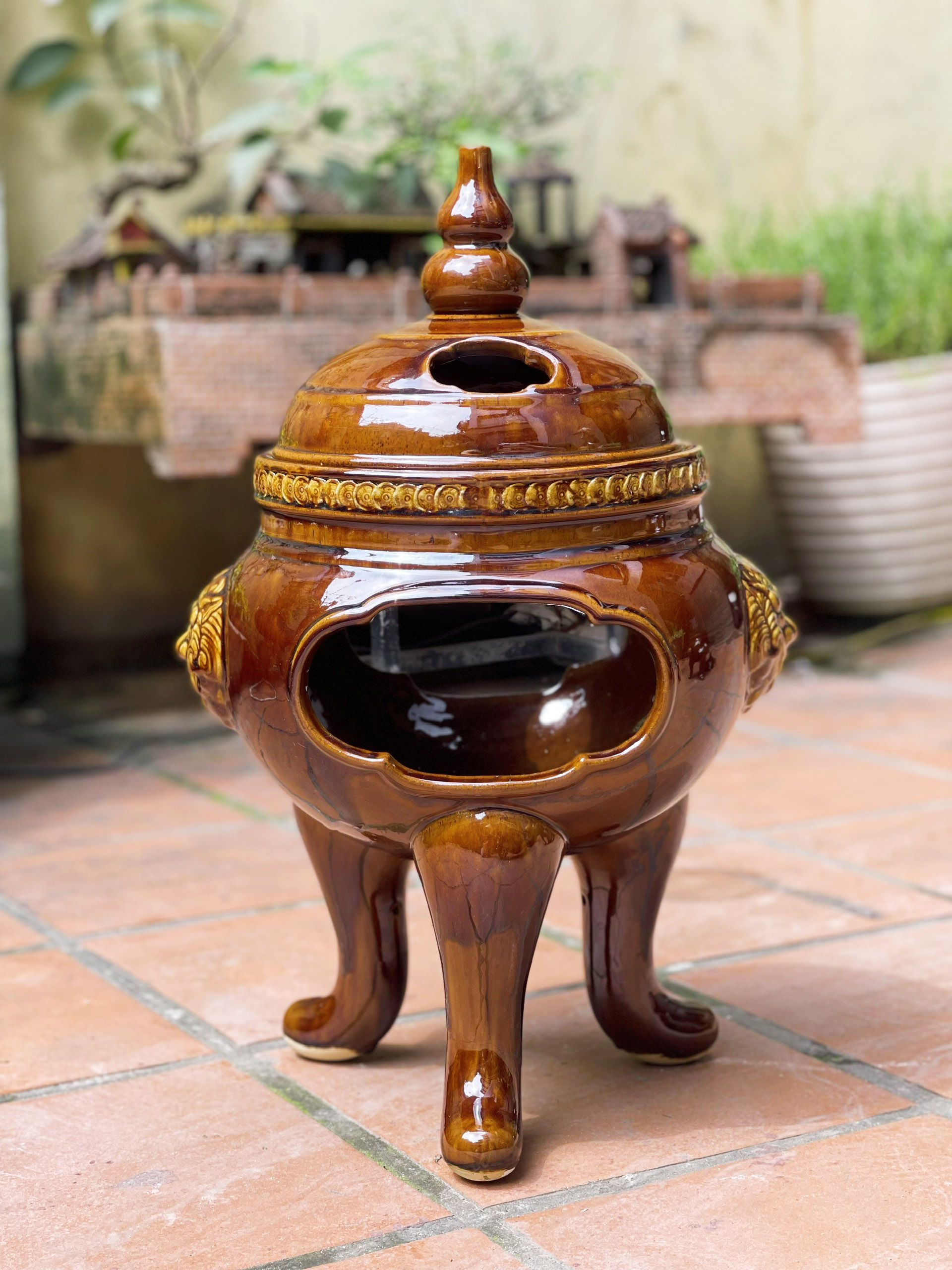 Lư hoá vàng sứ chịu nhiệt nắp hồ lô (Men sứ Nâu) 02