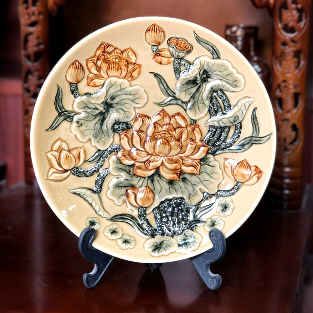 Mâm bồng thờ cúng đắp nổi hoa sen men sứ rạn bóng vàng