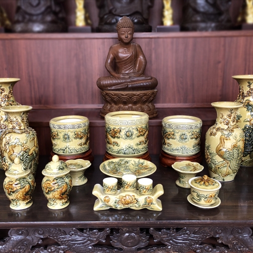 Bộ đồ thờ men rạn bóng vàng cho ban 1m54 trở lên - Gốm Phạm Dũng