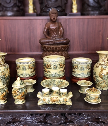 Đồ thờ men Rạn Bóng Vàng 16 chi tiết cho ban thờ 1m27 trở lên